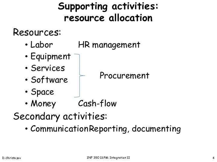 Supporting activities: resource allocation Resources: Labor HR management Equipment Services