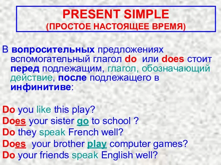 В вопросительных предложениях вспомогательный глагол do или does стоит перед