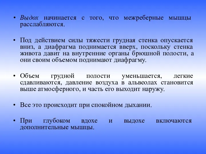 Выдох начинается с того, что межреберные мышцы расслабляются. Под действием