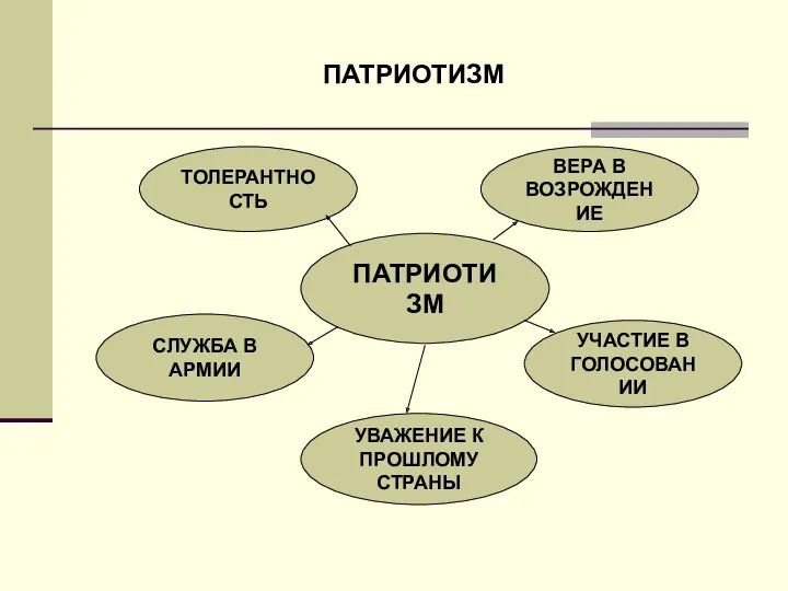 ПАТРИОТИЗМ ПАТРИОТИЗМ СЛУЖБА В АРМИИ ТОЛЕРАНТНОСТЬ ВЕРА В ВОЗРОЖДЕНИЕ УЧАСТИЕ В ГОЛОСОВАНИИ УВАЖЕНИЕ К ПРОШЛОМУ СТРАНЫ