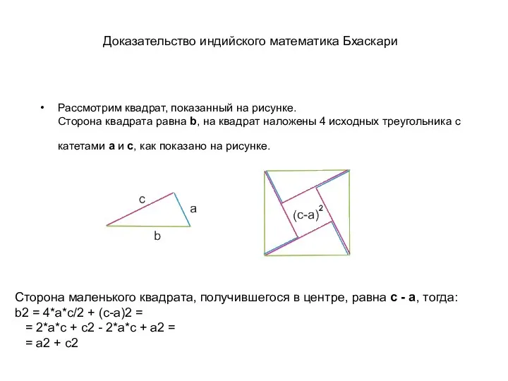 Доказательство индийского математика Бхаскари Рассмотрим квадрат, показанный на рисунке. Сторона