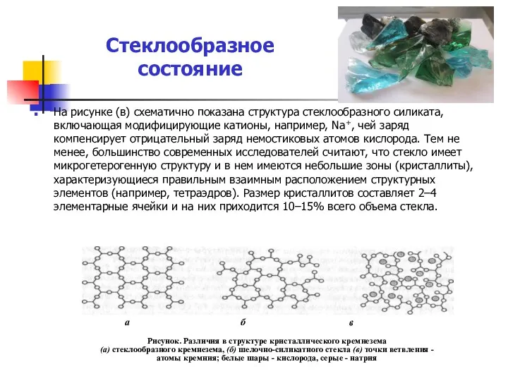 Стеклообразное состояние На рисунке (в) схематично показана структура стеклообразного силиката,