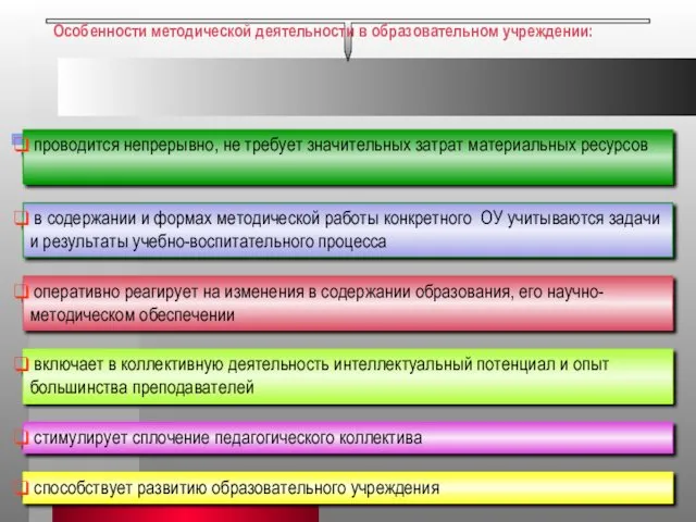 Особенности методической деятельности в образовательном учреждении: проводится непрерывно, не требует