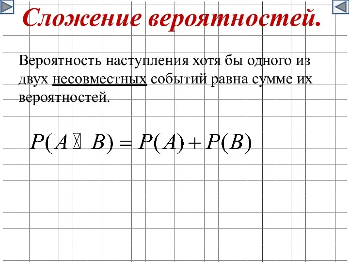 Сложение вероятностей. Вероятность наступления хотя бы одного из двух несовместных событий равна сумме их вероятностей.