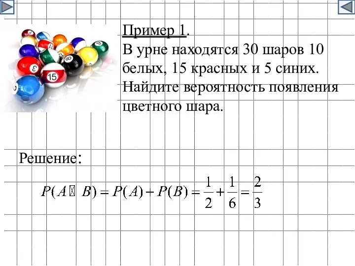 Пример 1. В урне находятся 30 шаров 10 белых, 15