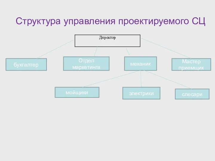 Структура управления проектируемого СЦ Отдел маркетинга механик Мастер приемщик бухгалтер мойщики электрики слесари