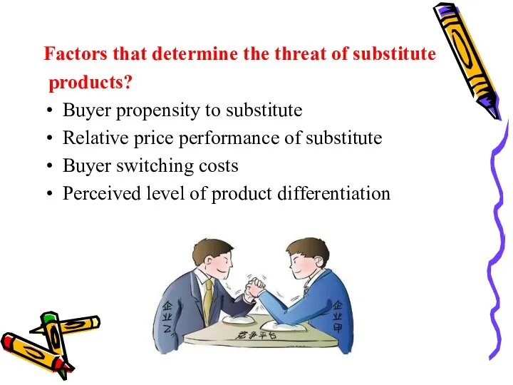 Factors that determine the threat of substitute products? Buyer propensity