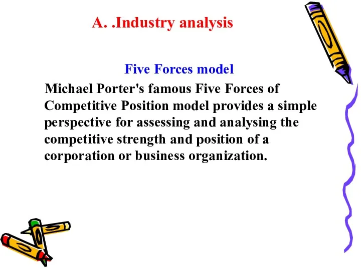 A. .Industry analysis Five Forces model Michael Porter's famous Five