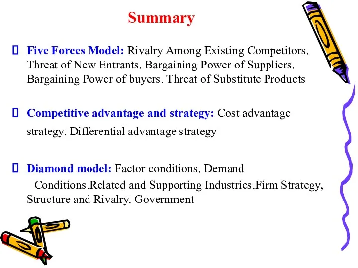 Summary Five Forces Model: Rivalry Among Existing Competitors. Threat of