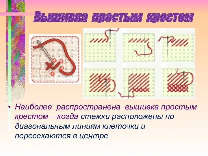 Вышивка простым крестом Наиболее распространена вышивка простым крестом – когда