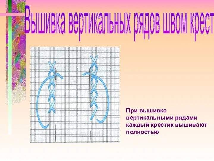 При вышивке вертикальными рядами каждый крестик вышивают полностью Вышивка вертикальных рядов швом крест