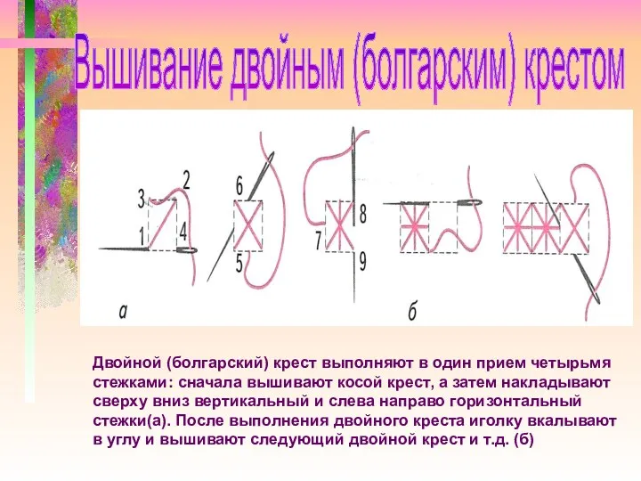 Двойной (болгарский) крест выполняют в один прием четырьмя стежками: сначала