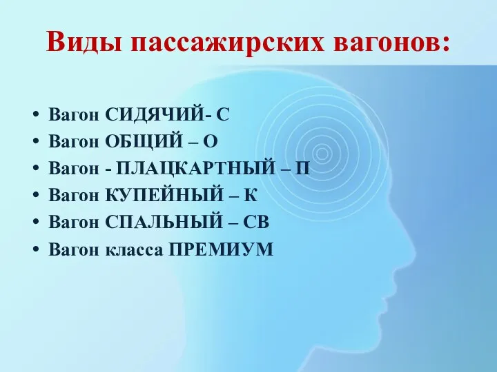 Виды пассажирских вагонов: Вагон СИДЯЧИЙ- С Вагон ОБЩИЙ – О