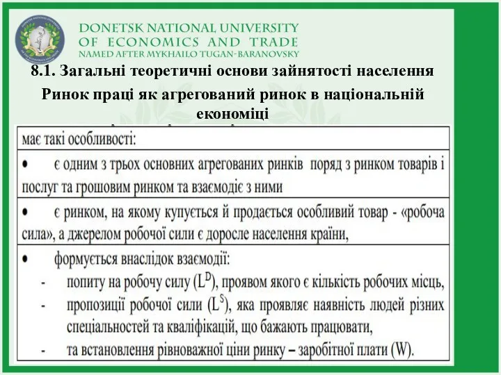 8.1. Загальні теоретичні основи зайнятості населення Ринок праці як агрегований ринок в національній економіці