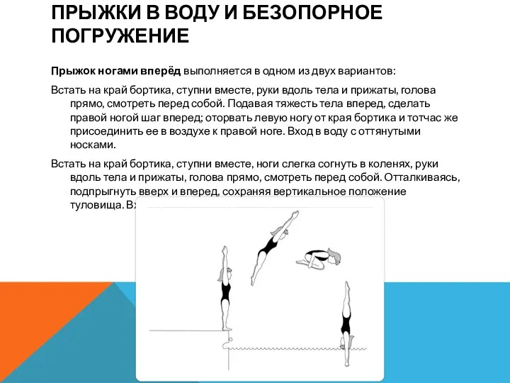 ПРЫЖКИ В ВОДУ И БЕЗОПОРНОЕ ПОГРУЖЕНИЕ Прыжок ногами вперёд выполняется