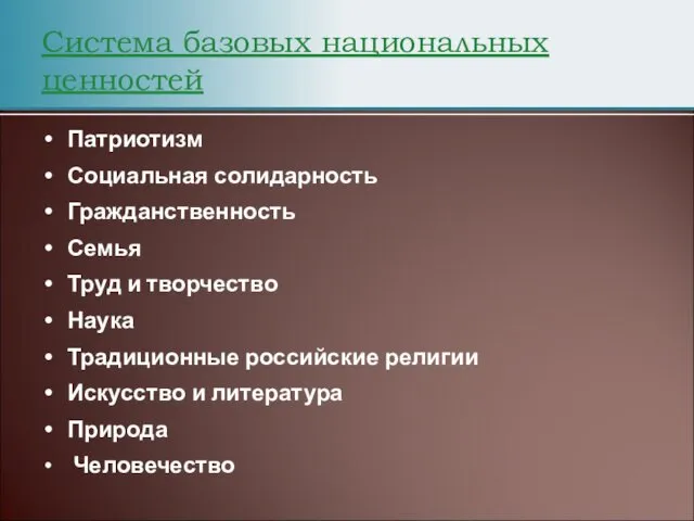 Система базовых национальных ценностей Патриотизм Социальная солидарность Гражданственность Семья Труд и творчество Наука