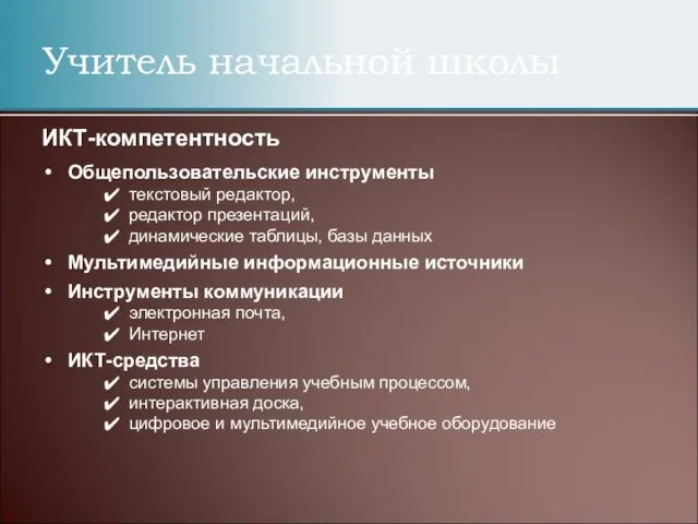 Учитель начальной школы ИКТ-компетентность Общепользовательские инструменты текстовый редактор, редактор презентаций, динамические таблицы, базы