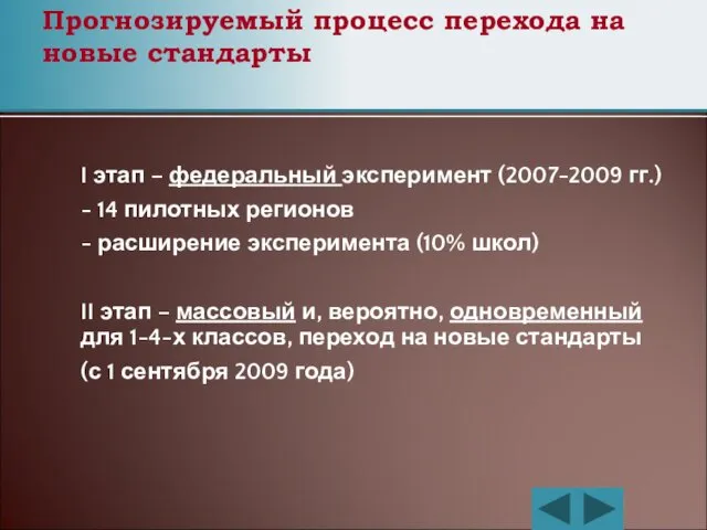 Прогнозируемый процесс перехода на новые стандарты I этап – федеральный эксперимент (2007-2009 гг.)