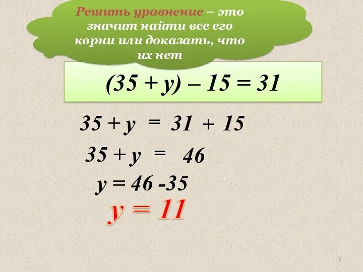 Решим уравнение: (35 + у) – 15 = 31 y