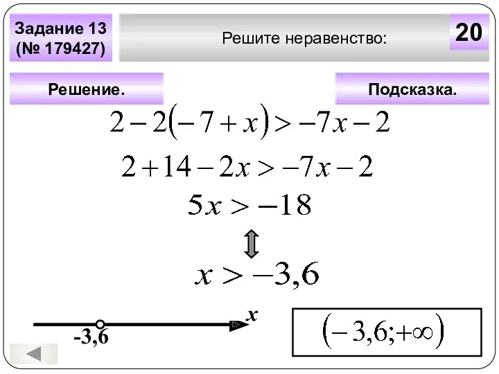 Решите неравенство: Задание 13 (№ 179427) Подсказка. Решение. х 20 -3,6