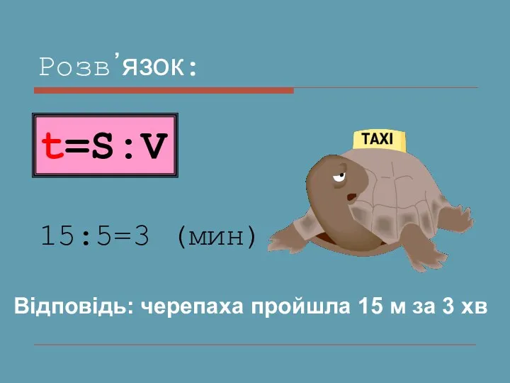 Розв᾿язок: 15:5=3 (мин) Відповідь: черепаха пройшла 15 м за 3 хв t=S:V