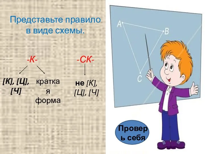 Представьте правило в виде схемы. Проверь себя -К- -СК- [К],