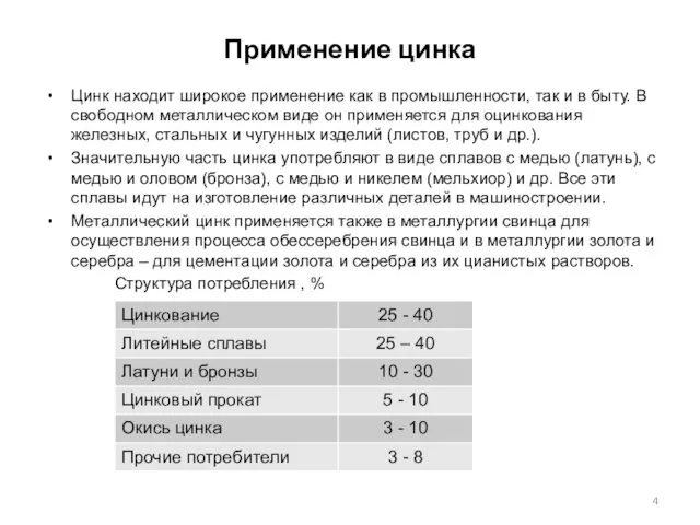 Применение цинка Цинк находит широкое применение как в промышленности, так