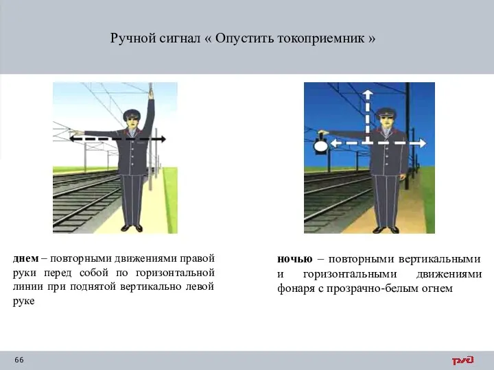 Ручной сигнал « Опустить токоприемник » днем – повторными движениями