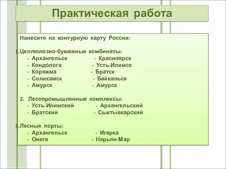 Практическая работа Нанесите на контурную карту России: Целлюлозно-бумажные комбинаты: -