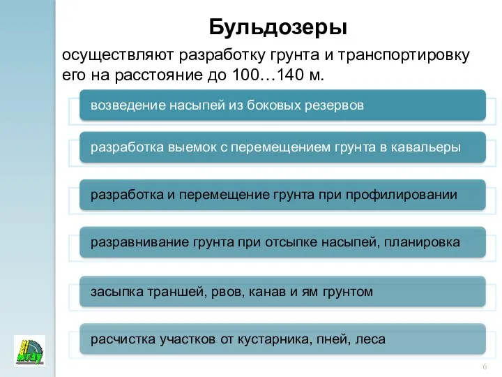 Бульдозеры осуществляют разработку грунта и транспортировку его на расстояние до 100…140 м.