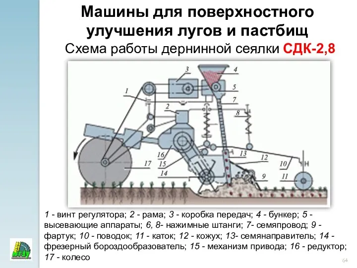 Машины для поверхностного улучшения лугов и пастбищ Схема работы дернинной сеялки СДК-2,8 1