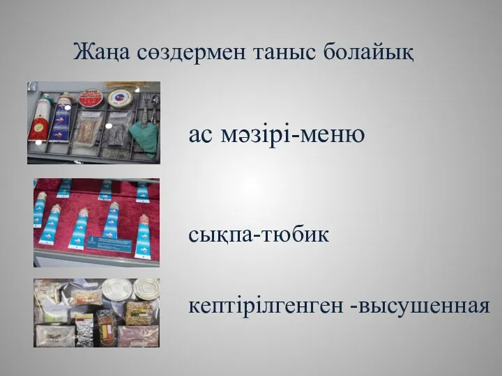 Жаңа сөздермен таныс болайық ас мәзірі-меню кептірілгенген -высушенная сықпа-тюбик