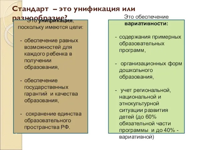 Стандарт – это унификация или разнообразие? Это унификация, поскольку имеются