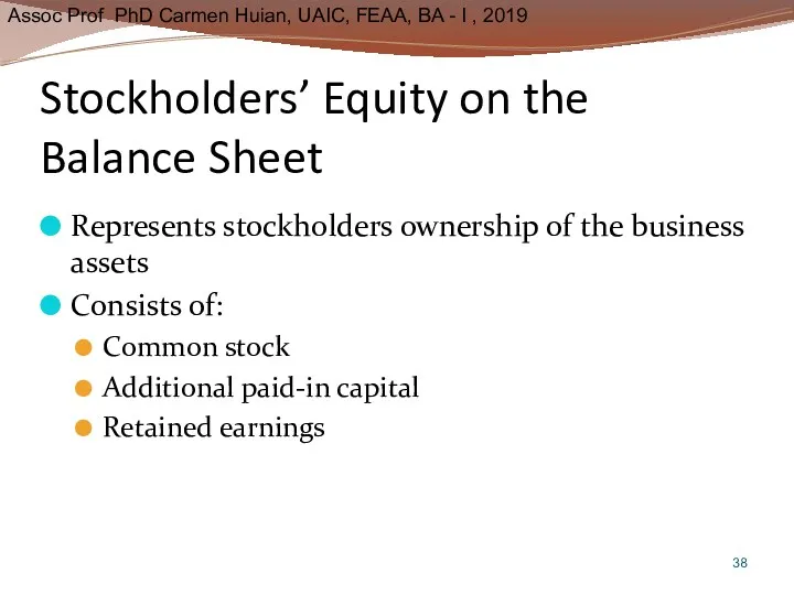 Stockholders’ Equity on the Balance Sheet Represents stockholders ownership of
