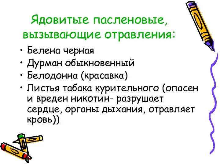 Ядовитые пасленовые, вызывающие отравления: Белена черная Дурман обыкновенный Белодонна (красавка)