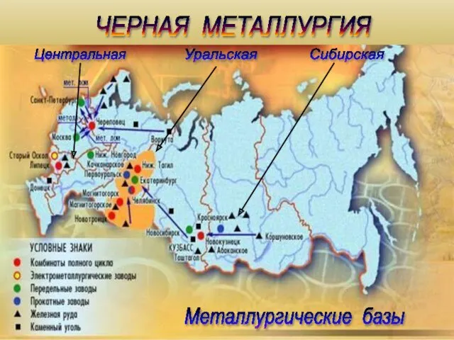 ЧЕРНАЯ МЕТАЛЛУРГИЯ Металлургические базы Сибирская Уральская Центральная