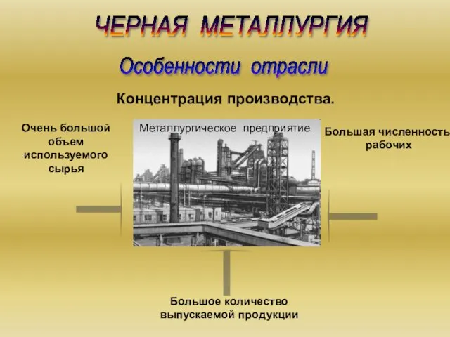 Концентрация производства. Особенности отрасли ЧЕРНАЯ МЕТАЛЛУРГИЯ Металлургическое предприятие Очень большой