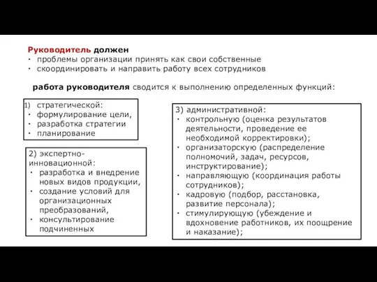 Руководитель должен проблемы организации принять как свои собственные скоординировать и направить работу всех