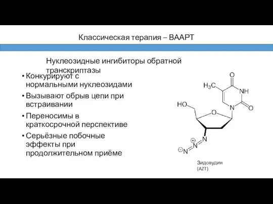 Конкурируют с нормальными нуклеозидами Вызывают обрыв цепи при встраивании Переносимы в краткосрочной перспективе