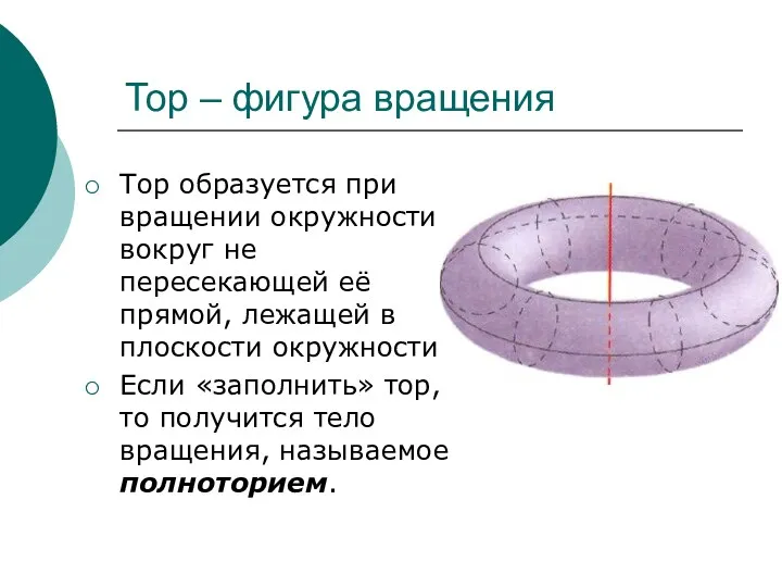 Тор – фигура вращения Тор образуется при вращении окружности вокруг