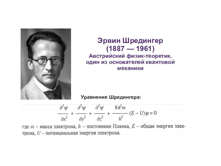 Эрвин Шредингер (1887 — 1961) Австрийский физик-теоретик, один из основателей квантовой механики Уравнение Шредингера: