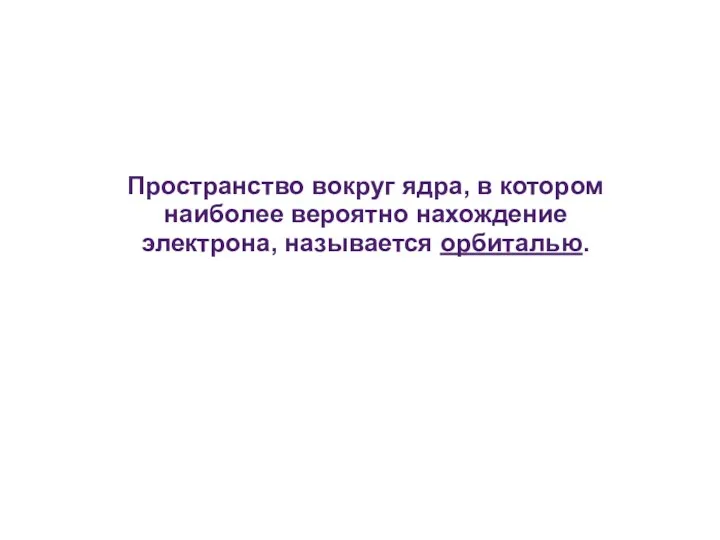 Пространство вокруг ядра, в котором наиболее вероятно нахождение электрона, называется орбиталью.