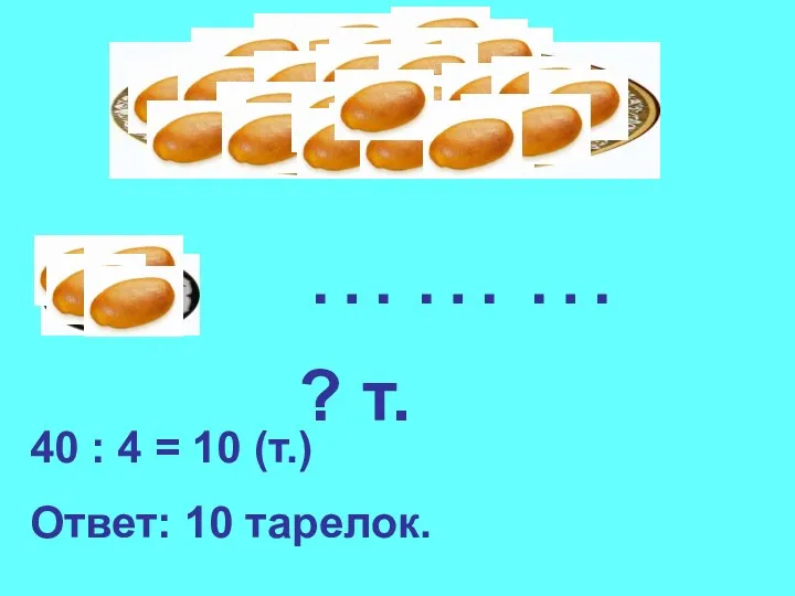 … ? т. … … 40 : 4 = 10 (т.) Ответ: 10 тарелок.