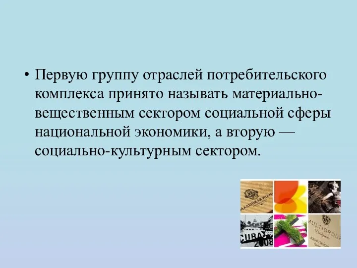 Первую группу отраслей потребительского комплекса принято называть материально-вещественным сектором социальной