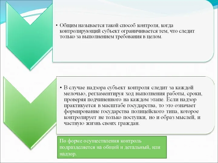 По форме осуществления контроль подразделяется на общий и детальный, или надзор.