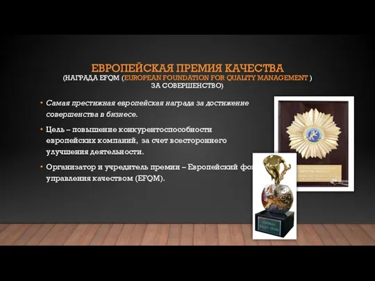 ЕВРОПЕЙСКАЯ ПРЕМИЯ КАЧЕСТВА (НАГРАДА EFQM (EUROPEAN FOUNDATION FOR QUALITY MANAGEMENT