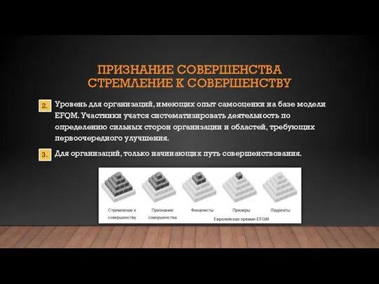 ПРИЗНАНИЕ СОВЕРШЕНСТВА СТРЕМЛЕНИЕ К СОВЕРШЕНСТВУ Уровень для организаций, имеющих опыт