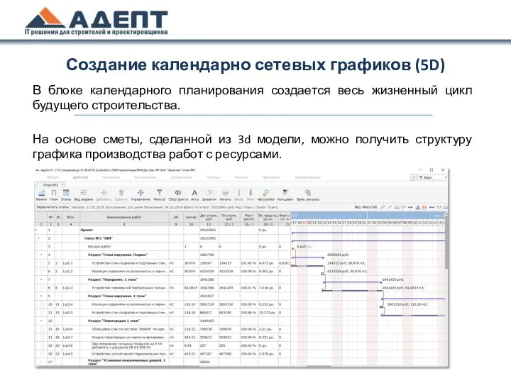 В блоке календарного планирования создается весь жизненный цикл будущего строительства.