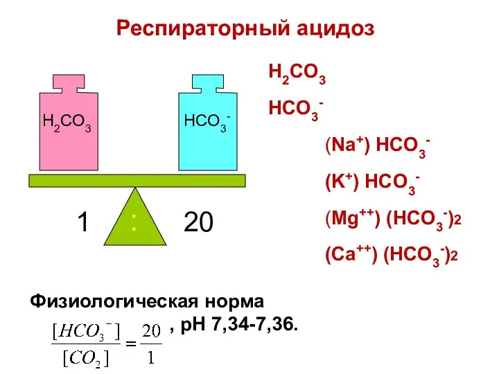 H2CO3 HCO3- 1 20 : H2CO3 HCO3- (Na+) HCO3- (K+) HCO3- (Mg++) (HCO3-)2