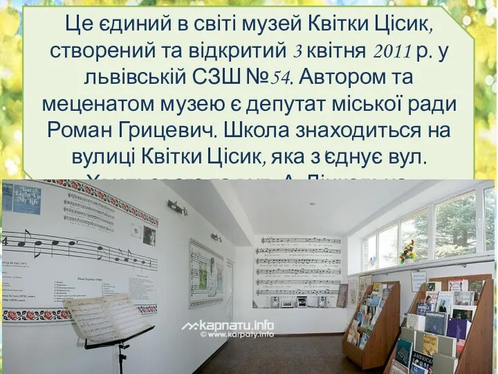 Це єдиний в світі музей Квітки Цісик, створений та відкритий